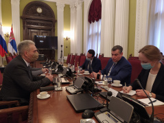 17 February 2021  The Head of the Parliamentary Friendship Group with Russia Milovan Drecun in meeting with the Chairman of the International Affairs Committee of the State Duma of the Russian Federation Leonid Slutsky